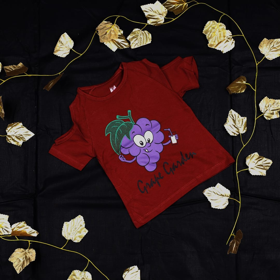 Kids Maroon Cotton Knit T-shirt with Glitter Floral Motif Print