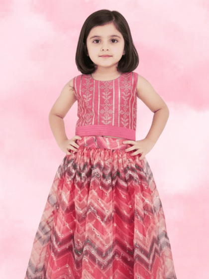 Kid Pink Sequin Choli Set with Multi-Color Floral Printed Skirt
