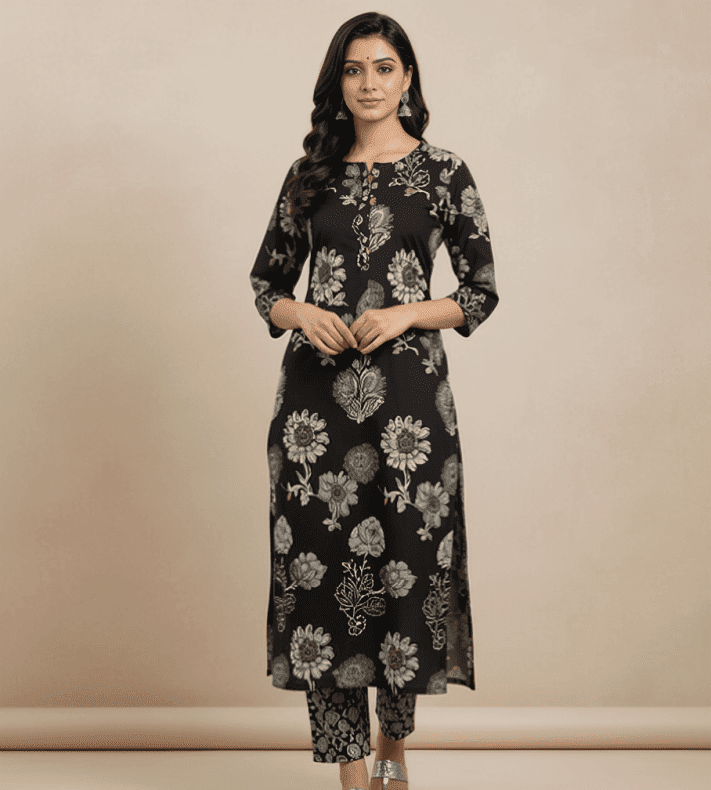 Black & White Paisley Floral Print Co-ord Set with Collar Neck