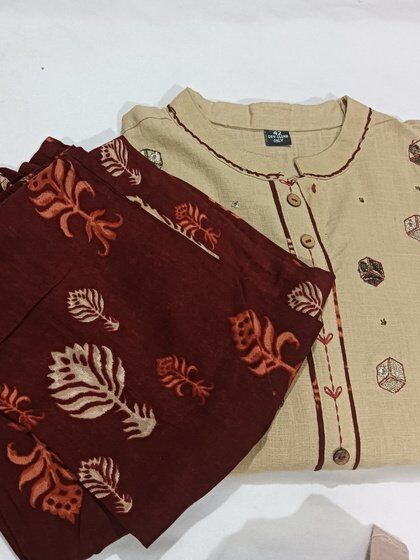 Beige Embroidered Kurti with Maroon Printed Pants