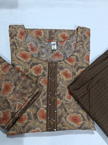 Brown Floral Kurti with Striped Pants