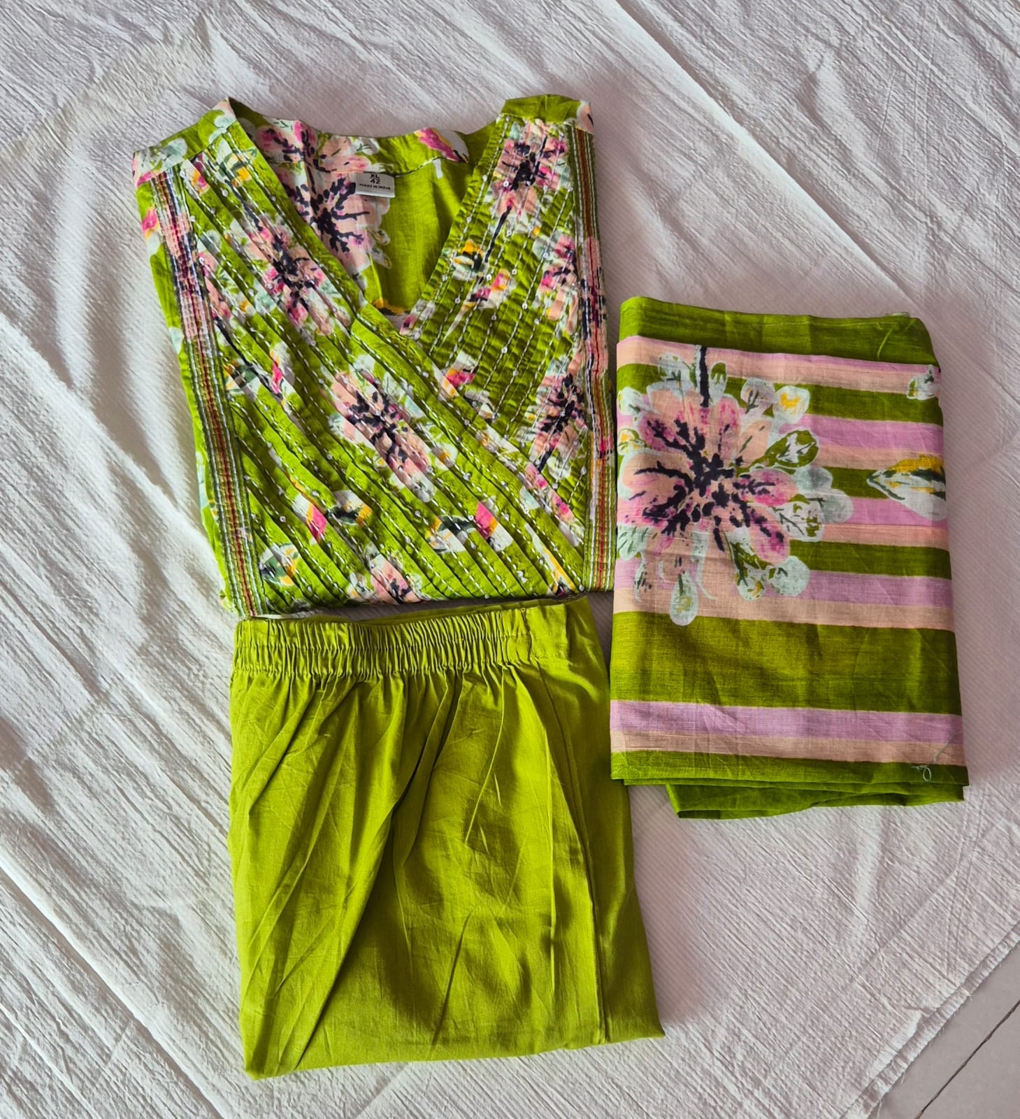 Cotton Lime Green V-Neck Pleated Kurti Set