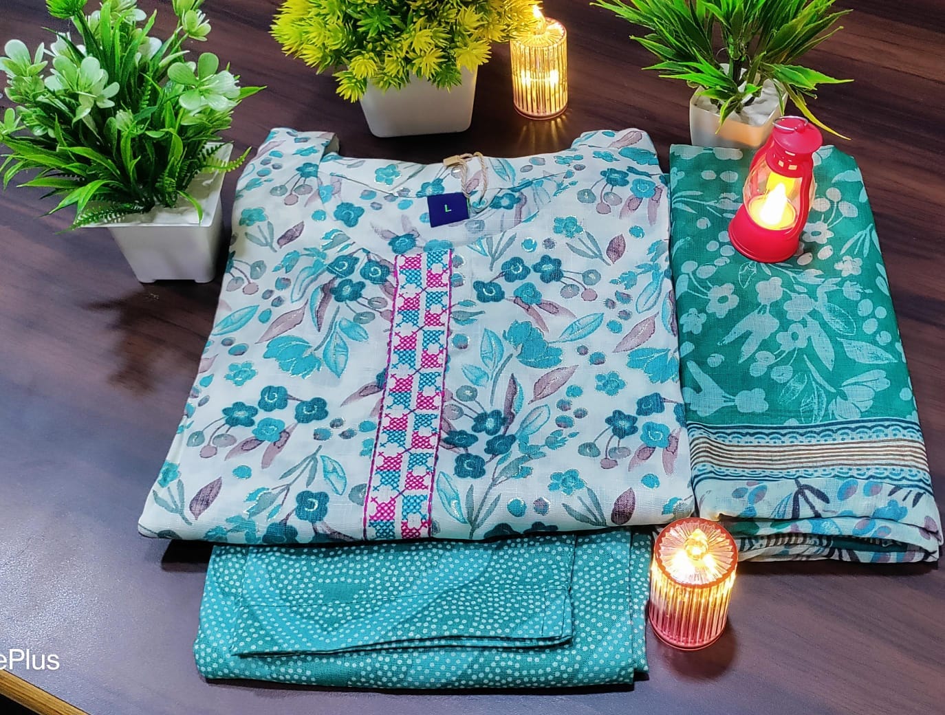 Aqua Floral Pattern Round Neck Cotton Kurti Set