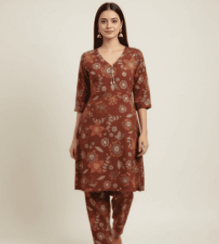 Maroon Floral Print Cotton Co-ord Set with Collar Neck